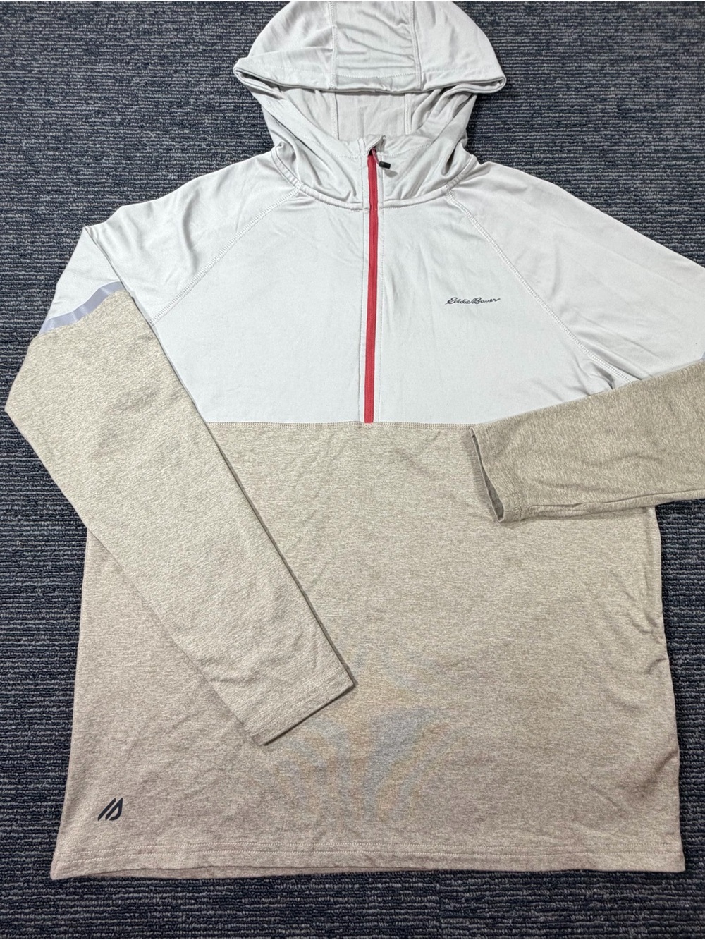 Eddie Bauer Motion Mens Medium Hoodie 1/4 Zip Pullover FreeDry Tan Colorblock